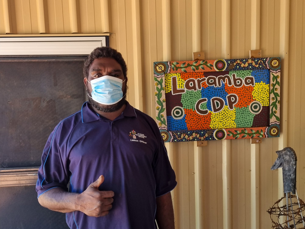 Francis Lovegrove, Aboriginal Liaison Officer, visiting the Laramba CDP office.